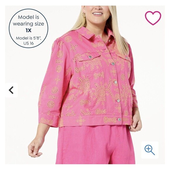 G by Giuliana Women's Black Label Puff-Sleeve Eyelet Jean Jacket Magenta Size 1X - Picture 2 of 16